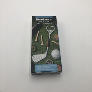 Brookstone Golf Club Bottle Opener Beer Soda New W Box Nickel Plated Wood Accent
